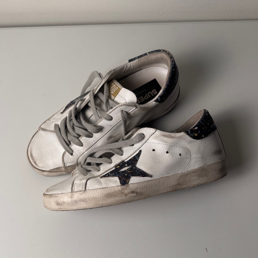 Golden Goose Super Star with Navy Floral star and Heel Detail Sneaker Size 36